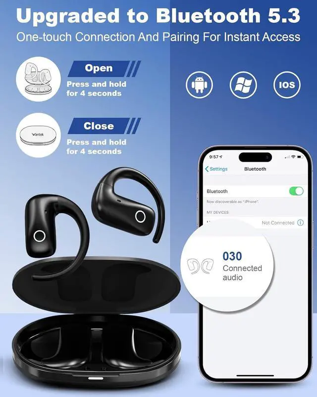 Alt view image 6 of 7 - Wantek Open Ear Headphones Bluetooth 5.4 Wireless Open-Ear Earbuds 50H, Ultra-Lightweight, IPX55 Water Resistant Air Conduction Ear Buds, Built-in Mic Headphones for Sport Running Workout