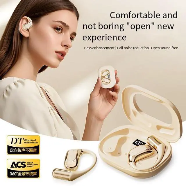 Alt view image 2 of 7 - Wireless Bluetooth 5.4 Open-Ear-Headphones with ENC Noise Cancellation, Smart AI Translator Earbuds with Earhooks,144 Countries Language Translator for Workout Driving Walking, Beige