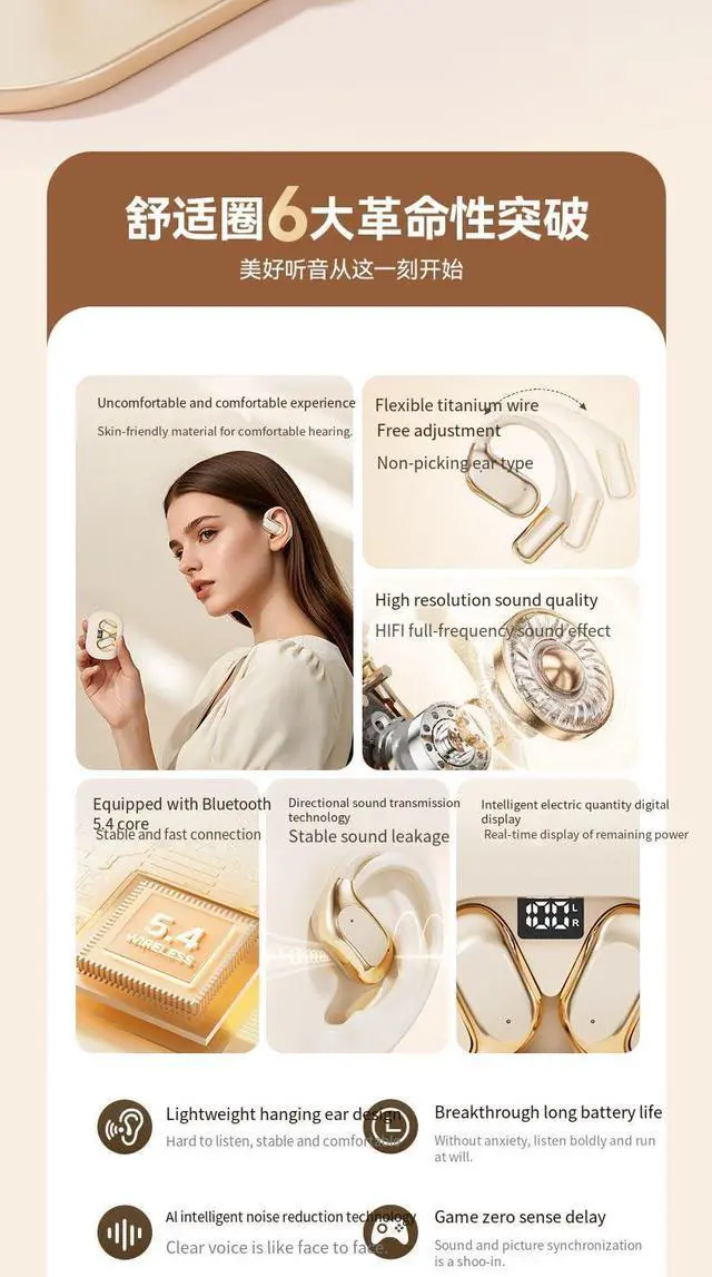 Alt view image 7 of 7 - Wireless Bluetooth 5.4 Open-Ear-Headphones with ENC Noise Cancellation, Smart AI Translator Earbuds with Earhooks,144 Countries Language Translator for Workout Driving Walking, Beige