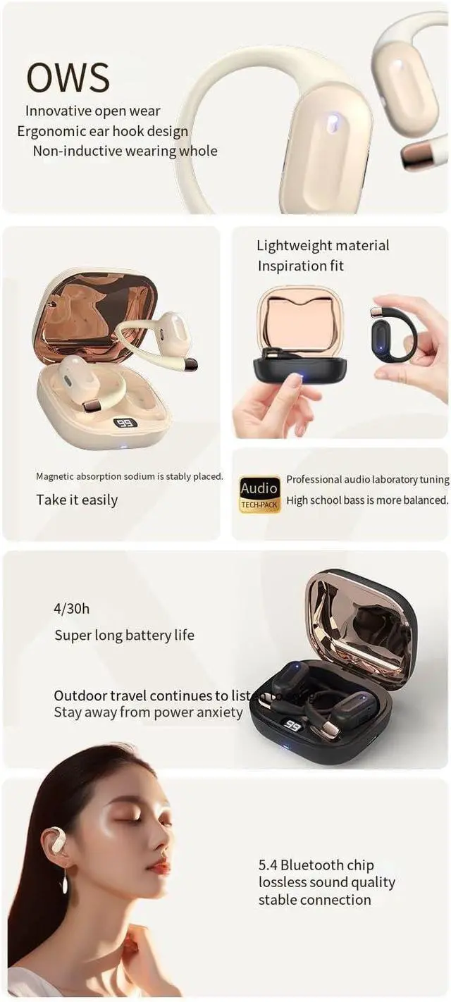 Alt view image 2 of 7 - Open Ear Headphones Wireless Bluetooth 5.4 Wireless Sports Ear Buds with Earhooks,ENC Call Noise Cancellation Technology IPX5 Waterproof Earphones for Sports,Driving,Office,White