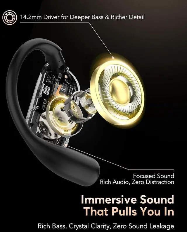 Alt view image 4 of 7 - Open-Ear-Headphones Earhook Wireless Bluetooth - Bone Conduction Earbuds with Open Air Ergonomic Fit, Waterproof Running Earphones, Secure Over-Ear Buds Ideal for Sport, Fitness, Black