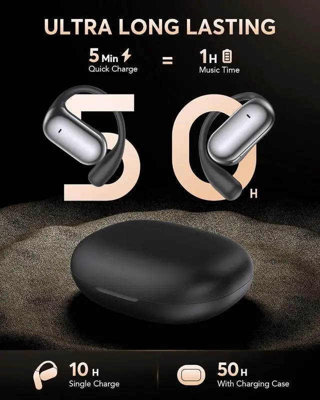 Alt view image 3 of 7 - Open-Ear-Headphones Earhook Wireless Bluetooth - Bone Conduction Earbuds with Open Air Ergonomic Fit, Waterproof Running Earphones, Secure Over-Ear Buds Ideal for Sport, Fitness, Black