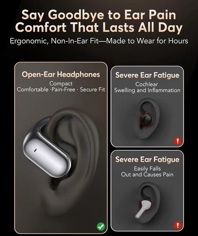 Alt view image 6 of 7 - Open-Ear-Headphones Earhook Wireless Bluetooth - Bone Conduction Earbuds with Open Air Ergonomic Fit, Waterproof Running Earphones, Secure Over-Ear Buds Ideal for Sport, Fitness, Black