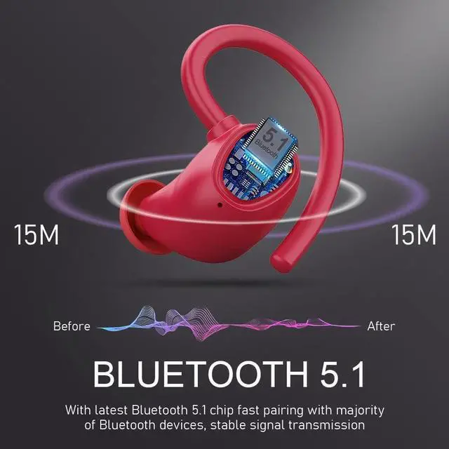 Alt view image 2 of 7 - Wireless Earbud, Bluetooth 5.1 Sport Headphones with IP7 Waterproof, 50H Playtime Bluetooth Earbud Noise Cancelling with Hi-Fi Stereo and Built-in Mic,Running Earphones with Earhooks for Workout Red