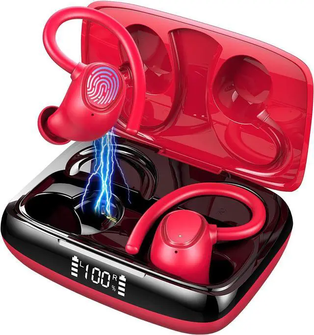 Main image of Wireless Earbud, Bluetooth 5.1 Sport Headphones with IP7 Waterproof, 50H Playtime Bluetooth Earbud Noise Cancelling with Hi-Fi Stereo and Built-in Mic,Running Earphones with Earhooks for Workout Red