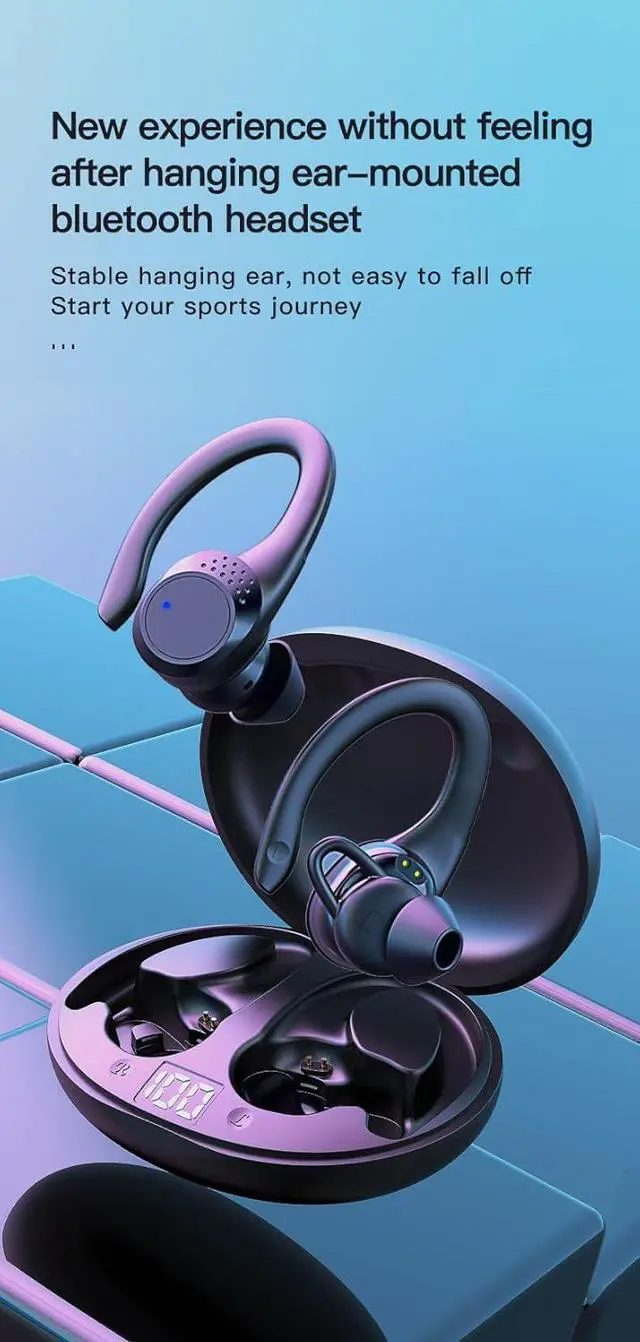 Alt view image 6 of 7 - Wireless Earbuds with Earhooks Headphones Bluetooth 5.2 in-Ear Earphones with LED Display Noise Cancelling Earbud,IPX6 Waterproof Earphones with Mic & Single Battery Life 10H for Phone Workout Running