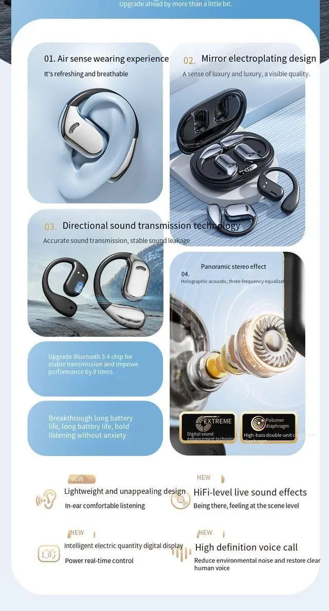 Alt view image 2 of 7 - Open Ear Hooks Headphones Wireless Bluetooth V5.4 Sports Earbuds with 60H Playtime,ENC Call Noise Cancellation+Bilateral Stereo,IPX5 Waterproof Earphones for Driving,Office,Pink