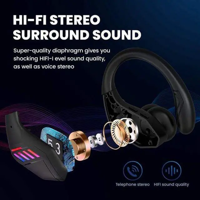 Alt view image 3 of 7 - Bluetooth Headphones Wireless Earbuds Over Ear Buds,Sports Earphones Deep Bass with Dual LED Power Display Earhooks Headset,Light-Weight Earbud with Mic for Phone Laptop PC TV Running Workout