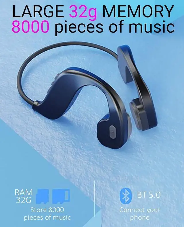 Alt view image 3 of 7 - Wireless Bluetooth Bone Conduction Headphones Swimming IP68 Waterproof 32G MP3 Player,9 Hours of Playback Time Open-Ear Sport Noise Cancellation Comfortable for Fitness Running Driving,Blue