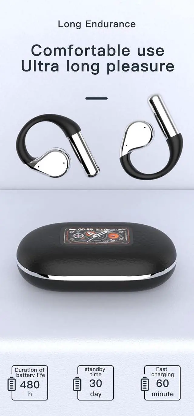 Alt view image 6 of 7 - Open Ear Headphones Wireless Bluetooth 5.4 Wireless Sports Earbuds with Ear Hooks,CVC Call Noise Cancellation,LCD Full-Color Touch Screen,IPX5 Waterproof for Sports,Driving,Office,Black