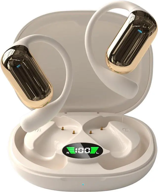 Main image of Open Ear Headphones Air Conduction Wireless Bluetooth Earphones with LED Display,Sweat Resistant,400 mAh Battery Capacity,30 Hours Playtime Waterproof Sport Headphones for Android iPhone,Beige