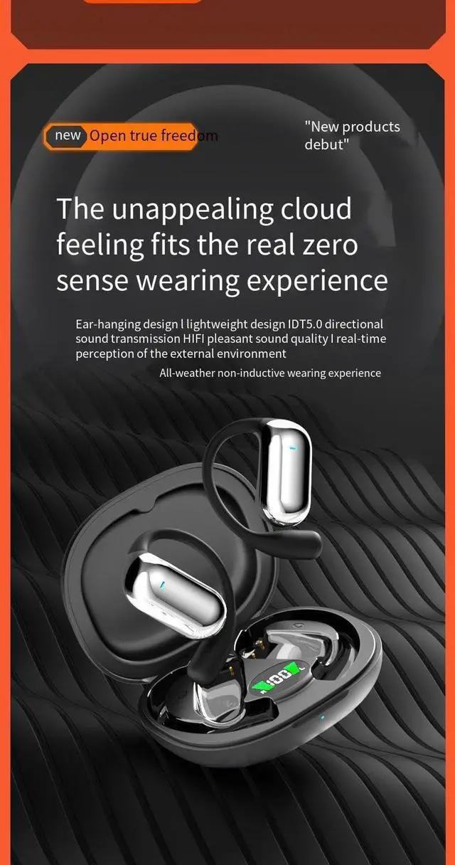 Alt view image 5 of 5 - Open Ear Headphones Air Conduction Wireless Bluetooth Earphones with LED Display,Sweat Resistant,400 mAh Battery Capacity,30 Hours Playtime Waterproof Sport Headphones for Android iPhone,Beige