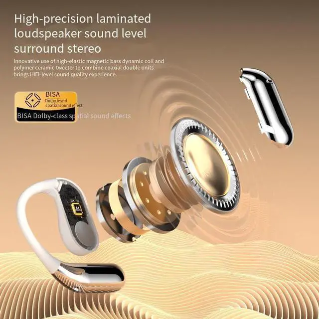 Alt view image 3 of 5 - Open Ear Headphones Air Conduction Wireless Bluetooth Earphones with LED Display,Sweat Resistant,400 mAh Battery Capacity,30 Hours Playtime Waterproof Sport Headphones for Android iPhone,Beige
