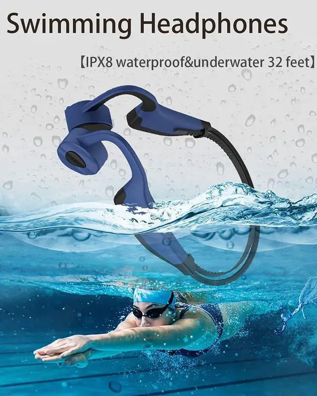 Alt view image 2 of 7 - Bone Conduction Headphones On Ear Headset Waterproof Bluetooth for Swimming, MP3 Player Wireless Sport Earphones IPX8 Open-Ear,Built-in 8GB Memory for Running, Diving Water, Gym, Spa,Blue