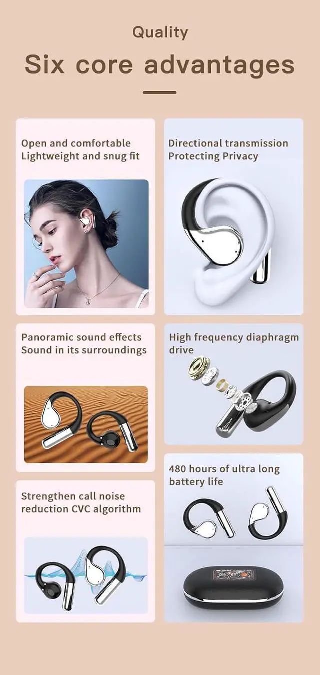 Alt view image 5 of 7 - Open Ear Headphones Wireless Bluetooth 5.4 Wireless Sports Earbuds with Ear Hooks,CVC Call Noise Cancellation,LCD Full-Color Touch Screen,IPX5 Waterproof for Sports,Driving,Office,Black