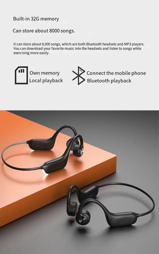 Alt view image 4 of 7 - Bone Conduction Headphones with LED lighting Open Ear Headphones Bluetooth 5.3 Wireless Sports Headset with Microphones & 8H Playtime,Built in 16G Memory 360°Curved Neck Headphones Hiking,Black