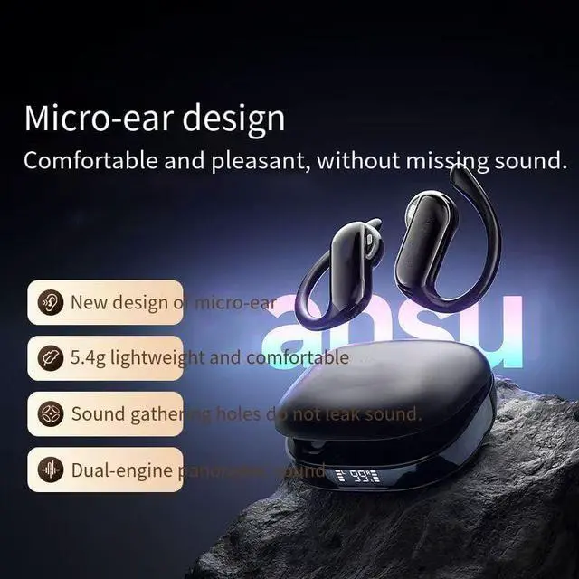 Alt view image 3 of 7 - Wireless Earbuds with Earhooks Bluetooth V5.4 Headphones with LED Power Display,Built-in ENC Noise Cancelling Mic,Deep Bass Stereo and Noise Cancelling Earphones for Running Workout,Black