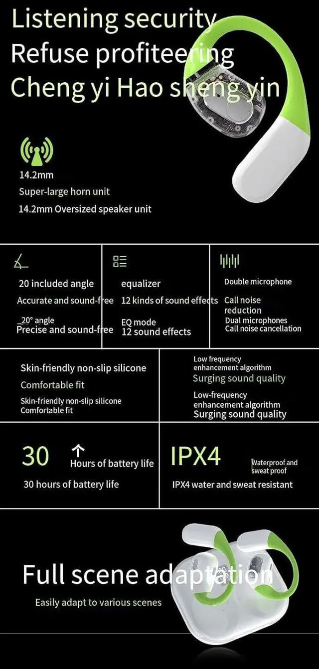 Alt view image 2 of 7 - Open Ear Headphones Wireless Bluetooth 5.3 Wireless Sports Earbuds with Earhooks,ENC Call Noise Cancellation Waterproof 14.2mm Titanium Film Speaker for Sports,Driving,Office,White