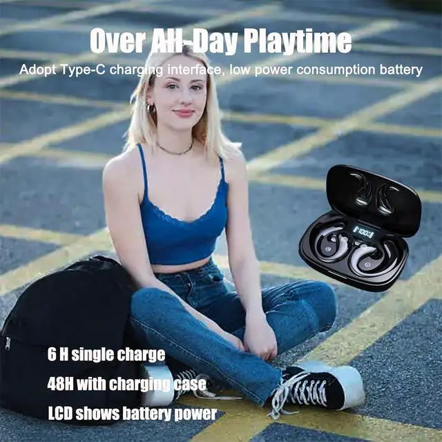 Alt view image 6 of 7 - Open Ear Headphones Open Ear Earbuds Wireless Bluetooth Wireless Bluetooth 5.3 Sport Earbuds HD Mic Workout Headphones 50Hrs Playtime With Case Bone Conduction Sport Headsets For Workout Running black