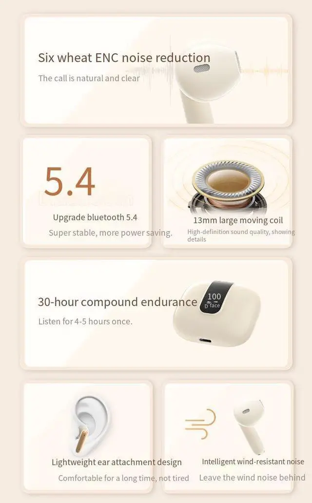 Alt view image 2 of 7 - Wireless Ear Buds Bluetooth 5.4 in Ear Sport Headphones Deep Bass Stereo and Noise Cancelling Bluetooth Ear Buds with LED Display,Built-in ENC Noise Cancelling Mic for iPhone & Android,Beige