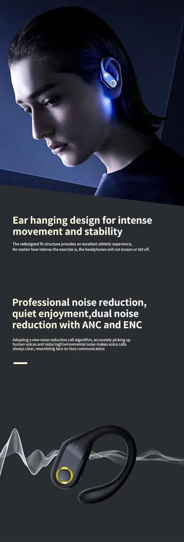 Alt view image 5 of 7 - Bluetooth Headphones Wireless Earbuds with Earhooks 60Hrs Playback Ear Buds Power Display with ENC Noise Canceling Mic Over-Ear Stereo Bass Earphones for Sports/Workout/Running, White
