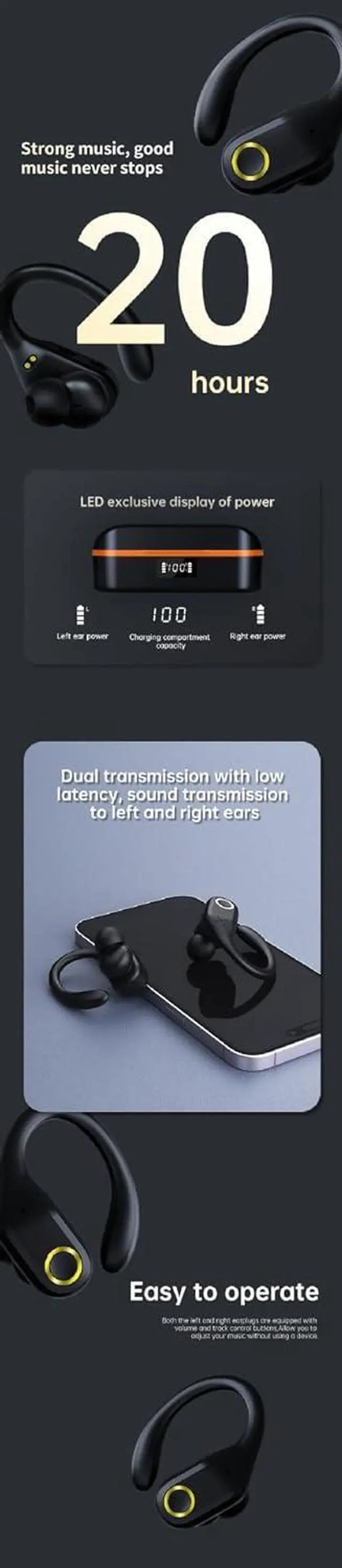 Alt view image 6 of 7 - Bluetooth Headphones Wireless Earbuds with Earhooks 60Hrs Playback Ear Buds Power Display with ENC Noise Canceling Mic Over-Ear Stereo Bass Earphones for Sports/Workout/Running, White