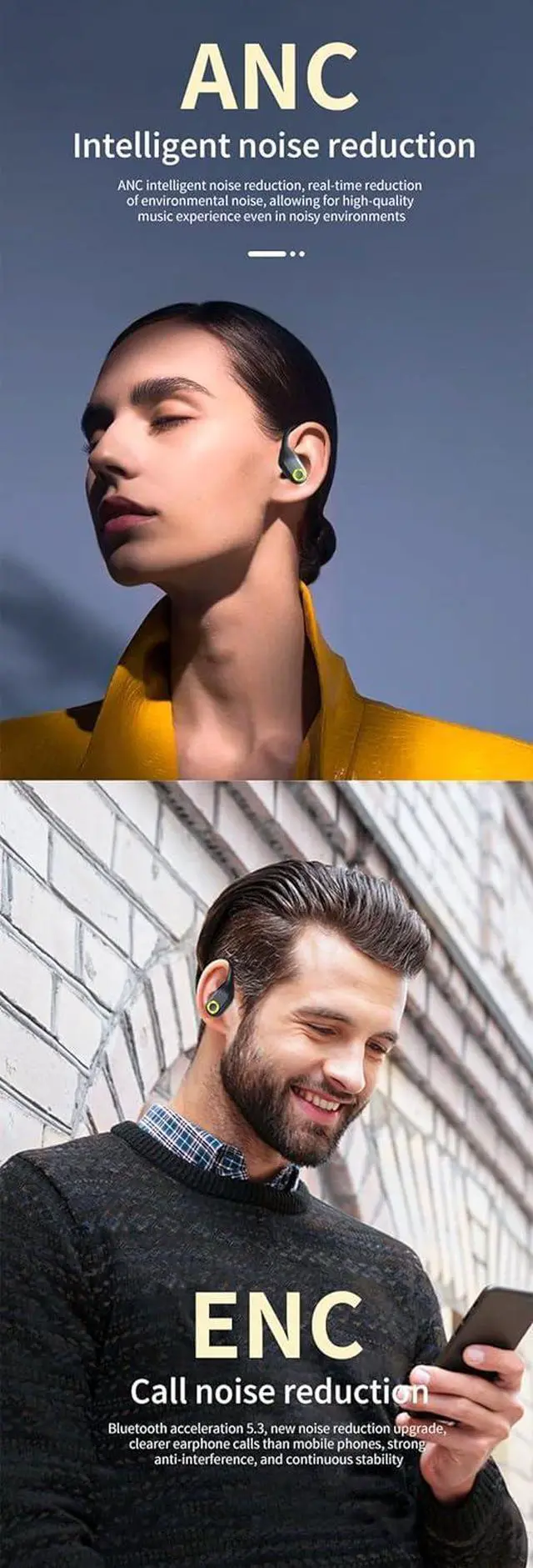 Alt view image 4 of 7 - Bluetooth Headphones Wireless Earbuds with Earhooks 60Hrs Playback Ear Buds Power Display with ENC Noise Canceling Mic Over-Ear Stereo Bass Earphones for Sports/Workout/Running, White