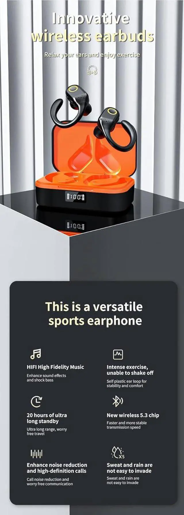 Alt view image 7 of 7 - Bluetooth Headphones Wireless Earbuds with Earhooks 60Hrs Playback Ear Buds Power Display with ENC Noise Canceling Mic Over-Ear Stereo Bass Earphones for Sports/Workout/Running, White