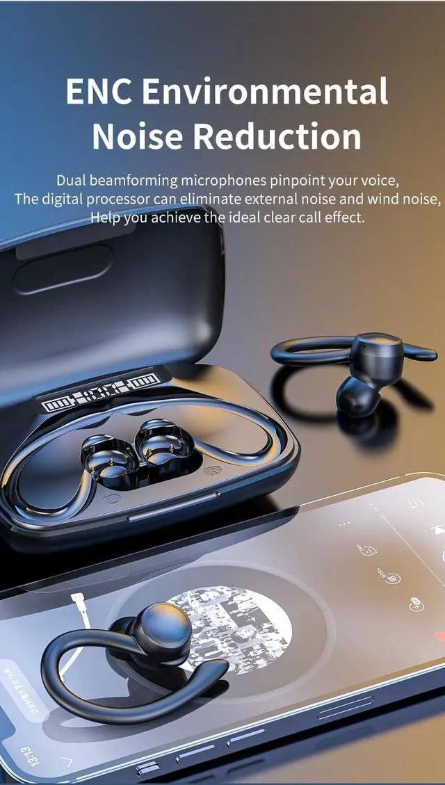 Alt view image 3 of 7 - Bluetooth V5.3 Headphones Wireless Earbuds Over Ear Buds, Sports Earphones Deep Bass with LED Power Display Earhooks Headset,Light-Weight Earbud with Mic for Phone Laptop PC Running Workout