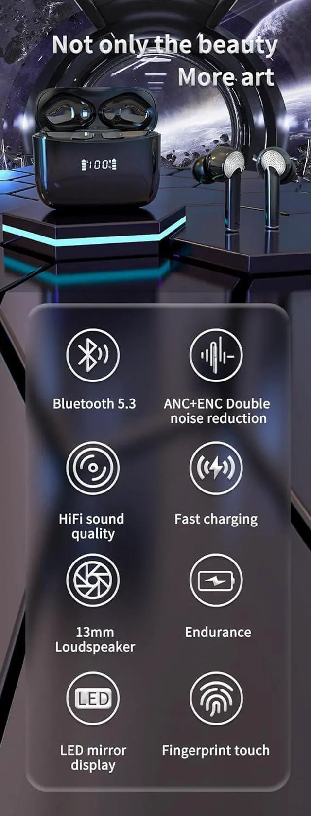 Alt view image 2 of 7 - Wireless Ear Buds Bluetooth 5.3 in Ear Headphones Deep Bass Stereo and Noise Cancelling Bluetooth Earbuds with LED Display,Built-in ENC Noise Cancelling Mic for Phone, Black