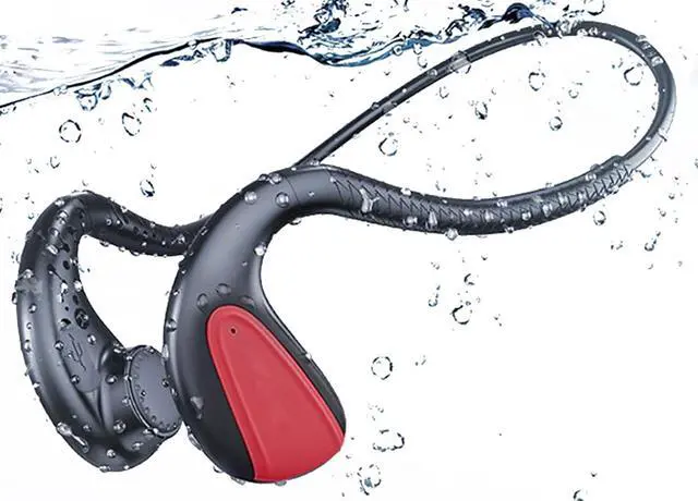 Alt view image 4 of 7 - Waterproof Bone Conduction Headphones Bluetooth 5.0 Wireless Earbuds with 16G Memory IPX8 Open Ear Underwater Bluetooth Gym Headphones with Microphone for Swimming Running, Red