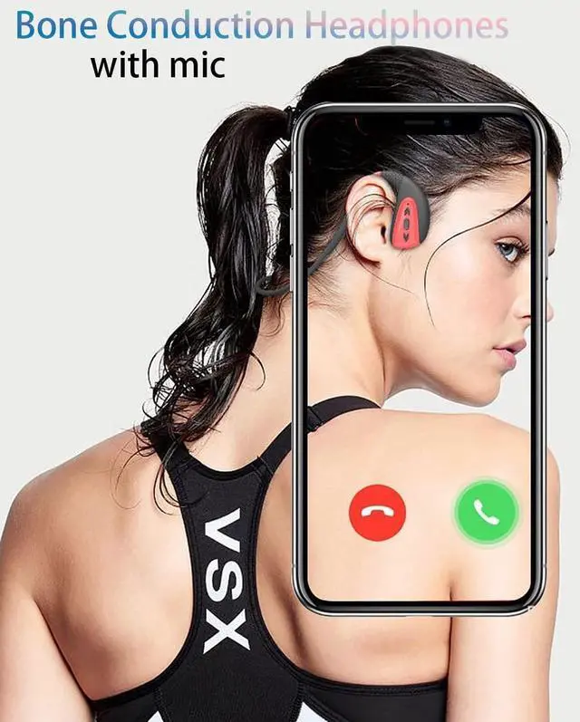 Alt view image 7 of 7 - Waterproof Bone Conduction Headphones Bluetooth 5.0 Wireless Earbuds with 16G Memory IPX8 Open Ear Underwater Bluetooth Gym Headphones with Microphone for Swimming Running, Red