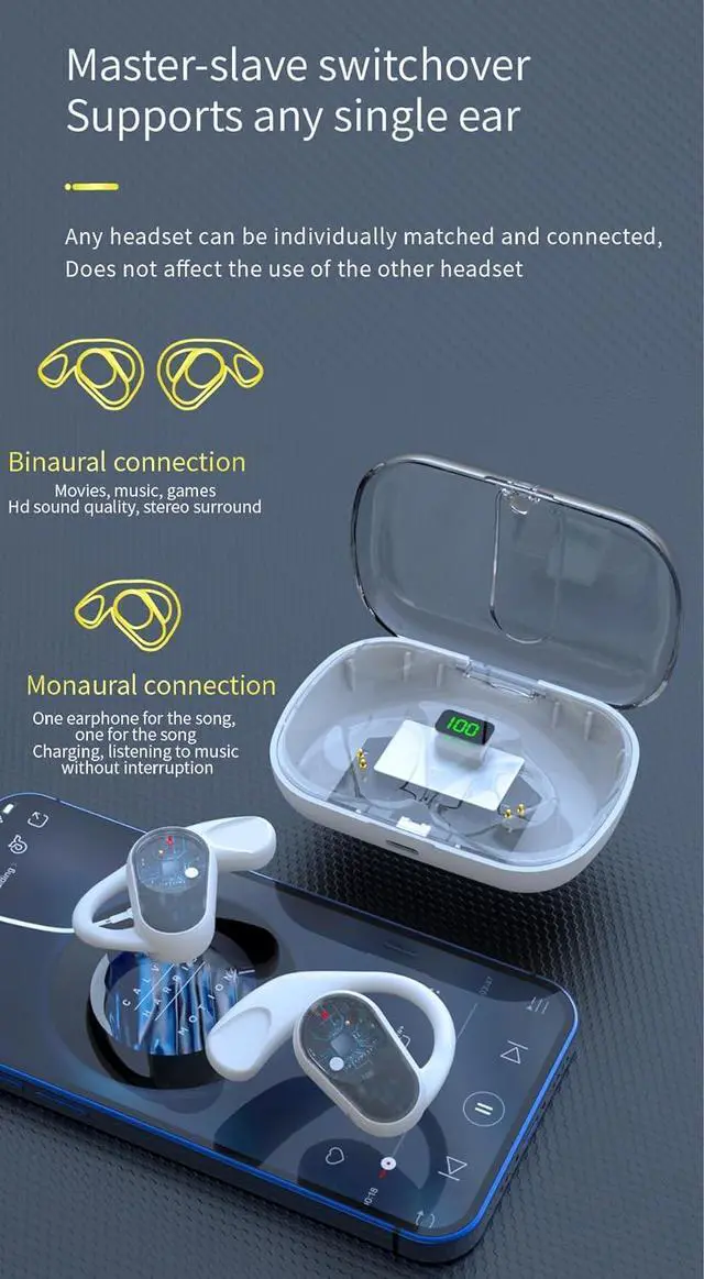 Alt view image 5 of 7 - Open Ear Bluetooth Headphones with Ear Hooks On-Ear Wireless Headset with Microphone, Bluetooth 5.3 Touch Control Air Conduction Sport Ear Buds IPX5 Waterproof Headsets for Workouts, Purple