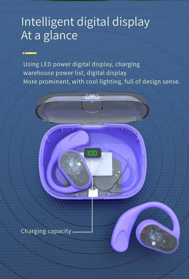 Alt view image 7 of 7 - Open Ear Bluetooth Headphones with Ear Hooks On-Ear Wireless Headset with Microphone, Bluetooth 5.3 Touch Control Air Conduction Sport Ear Buds IPX5 Waterproof Headsets for Workouts, Purple