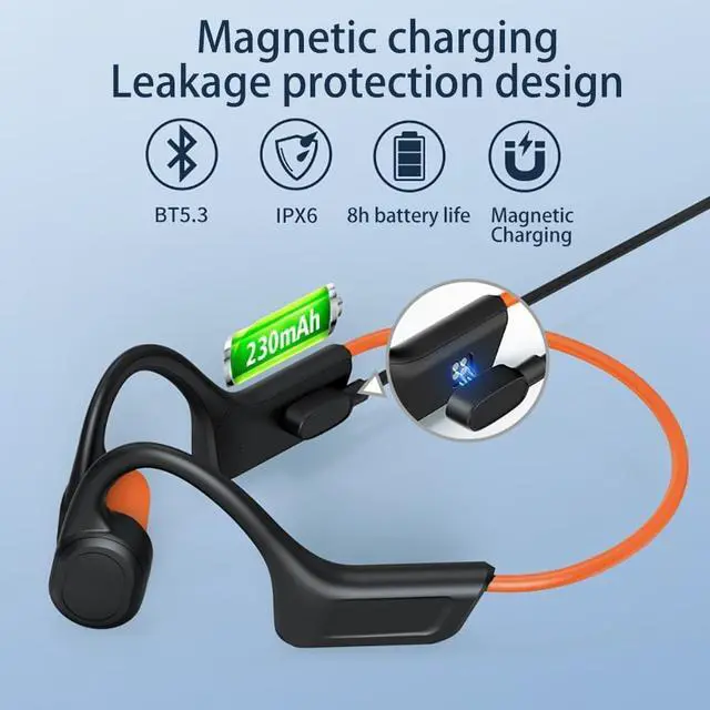 Alt view image 4 of 7 - Bone Conduction Headphones Wireless Bluetooth 5.3 Open Ear Headphones 8 Hours of High Endurance IPX6 Waterproof Comfortable Ergonomic Fit Exercise Swimming Cycling, Orange