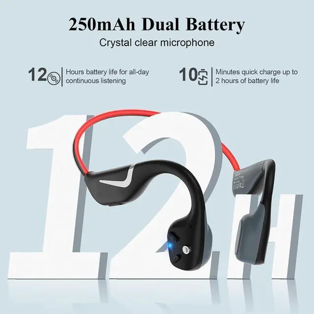 Alt view image 3 of 7 - Bone Conduction Headphones Open Ear Headphones Wireless Bluetooth, 1.5 Fast Charging and 12H Working Time, IPX7 Waterproof Light-Weight Wireless Headphones for Running, Cycling & Gym, Red