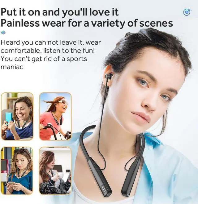 Alt view image 2 of 7 - Neckband Bluetooth 5.3 Headphones Wireless Magnetic Neckband Earphone Bluetooth Earbuds with Mic Semi-in-Ear, 100Hrs Playtime & LED Digital Display,Three Sound Effects Switching for Gym,Sports