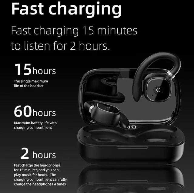 Alt view image 3 of 7 - Open Ear Air Conduction Headphones Wireless Bluetooth 5.3 IPX5 Headphones with Digital Display Charging Case, High Sound Quality and Long Standby Time for Workout Driving Walking, White