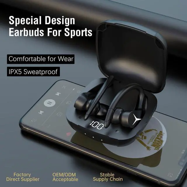 Alt view image 2 of 7 - Wireless Headphones Bluetooth 5.3 Earbuds, in-Ear Wireless Headset with Microphone, IPX5 Waterproof with Earhooks Power Display Charging Case for Workout Driving Walking Black