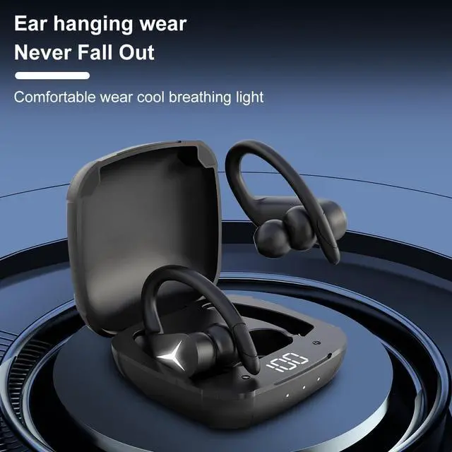 Alt view image 3 of 7 - Wireless Headphones Bluetooth 5.3 Earbuds, in-Ear Wireless Headset with Microphone, IPX5 Waterproof with Earhooks Power Display Charging Case for Workout Driving Walking Black