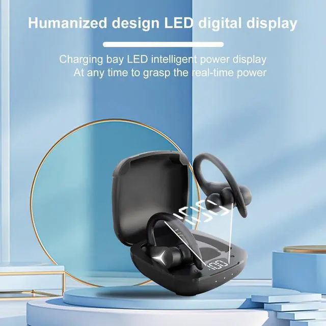 Alt view image 5 of 7 - Wireless Headphones Bluetooth 5.3 Earbuds, in-Ear Wireless Headset with Microphone, IPX5 Waterproof with Earhooks Power Display Charging Case for Workout Driving Walking Black