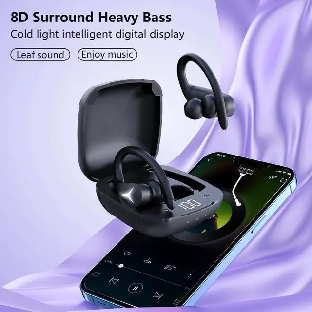 Alt view image 4 of 7 - Wireless Headphones Bluetooth 5.3 Earbuds, in-Ear Wireless Headset with Microphone, IPX5 Waterproof with Earhooks Power Display Charging Case for Workout Driving Walking Black