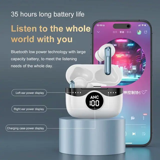 Alt view image 2 of 6 - Bluetooth Headset Wireless Earbuds Noise Cancelling IPX5 Waterproof in-Ear Headphones with Microphone and Charging Case, LED Power Display for Gaming Travel, White