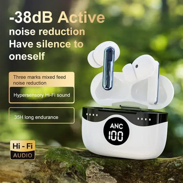 Alt view image 3 of 6 - Bluetooth Headset Wireless Earbuds Noise Cancelling IPX5 Waterproof in-Ear Headphones with Microphone and Charging Case, LED Power Display for Gaming Travel, White