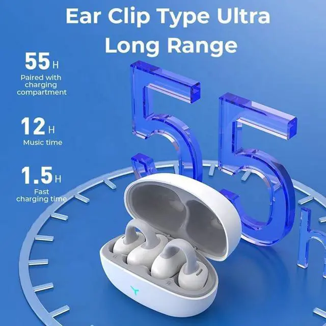 Alt view image 3 of 7 - Ear Clip Headphone Earbuds Bluetooth 5.3 Open Ear Headphones, Power Ultra Long Life Low Latency, Ultra-Long Range and Low Latency 55H Playtime for Android/iOS Phone, White