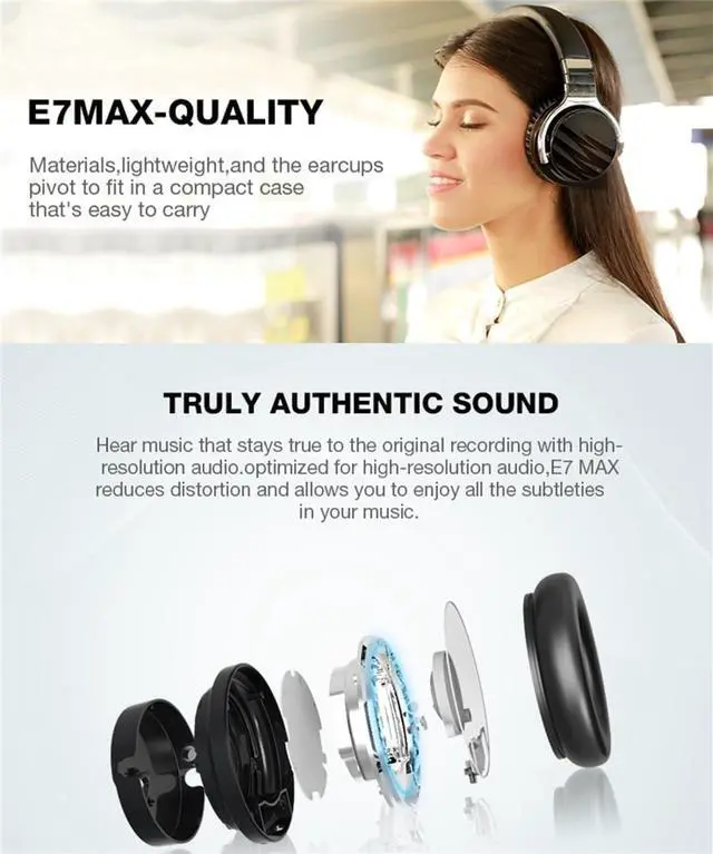 Alt view image 2 of 7 - Active Noise Cancelling Headphones, Sports Bluetooth 5.0 Wireless Over Ear Headphones with Microphone, Hi-Fi Stereo Foldable Headset 30H Playtime, for Travel, Home, Office,Black