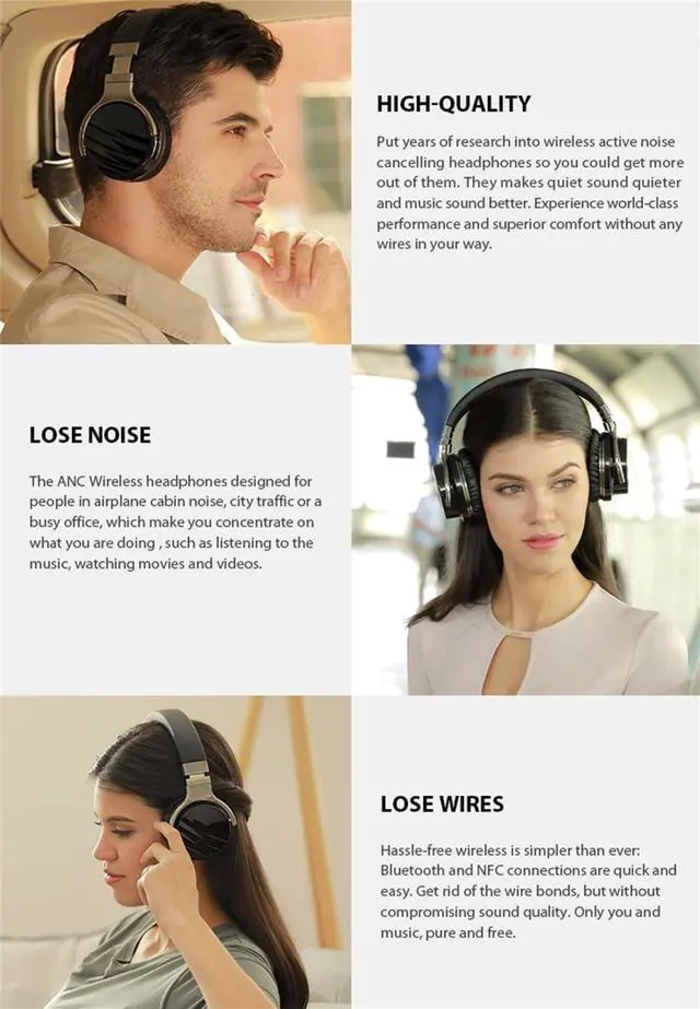 Alt view image 4 of 7 - Active Noise Cancelling Headphones, Sports Bluetooth 5.0 Wireless Over Ear Headphones with Microphone, Hi-Fi Stereo Foldable Headset 30H Playtime, for Travel, Home, Office,Black