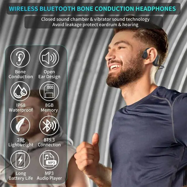 Alt view image 2 of 6 - Swimming Bone Conduction Headphones, IP68 Waterproof Bluetooth 5.3 Wireless Open Earphones with Built-in Mic and 8G Memory, Sports Headphones for Running/Cycling,Blue