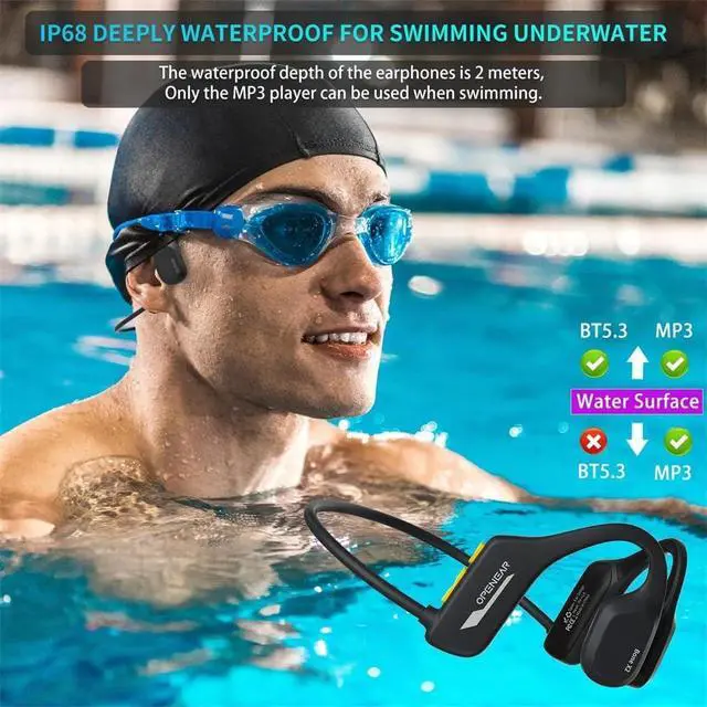 Alt view image 4 of 6 - Swimming Bone Conduction Headphones, IP68 Waterproof Bluetooth 5.3 Wireless Open Earphones with Built-in Mic and 8G Memory, Sports Headphones for Running/Cycling,Blue