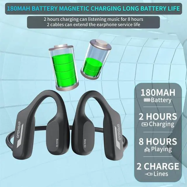 Alt view image 6 of 6 - Swimming Bone Conduction Headphones, IP68 Waterproof Bluetooth 5.3 Wireless Open Earphones with Built-in Mic and 8G Memory, Sports Headphones for Running/Cycling,Blue